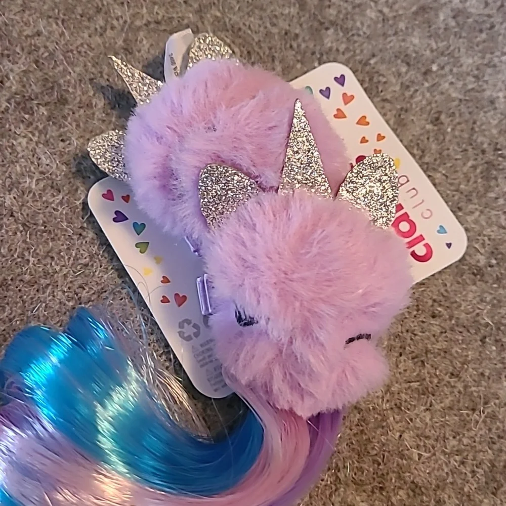 Claire's Club Girl's Plushy Unicorn Clips W/ Curly Extensions! 🩵💜💙